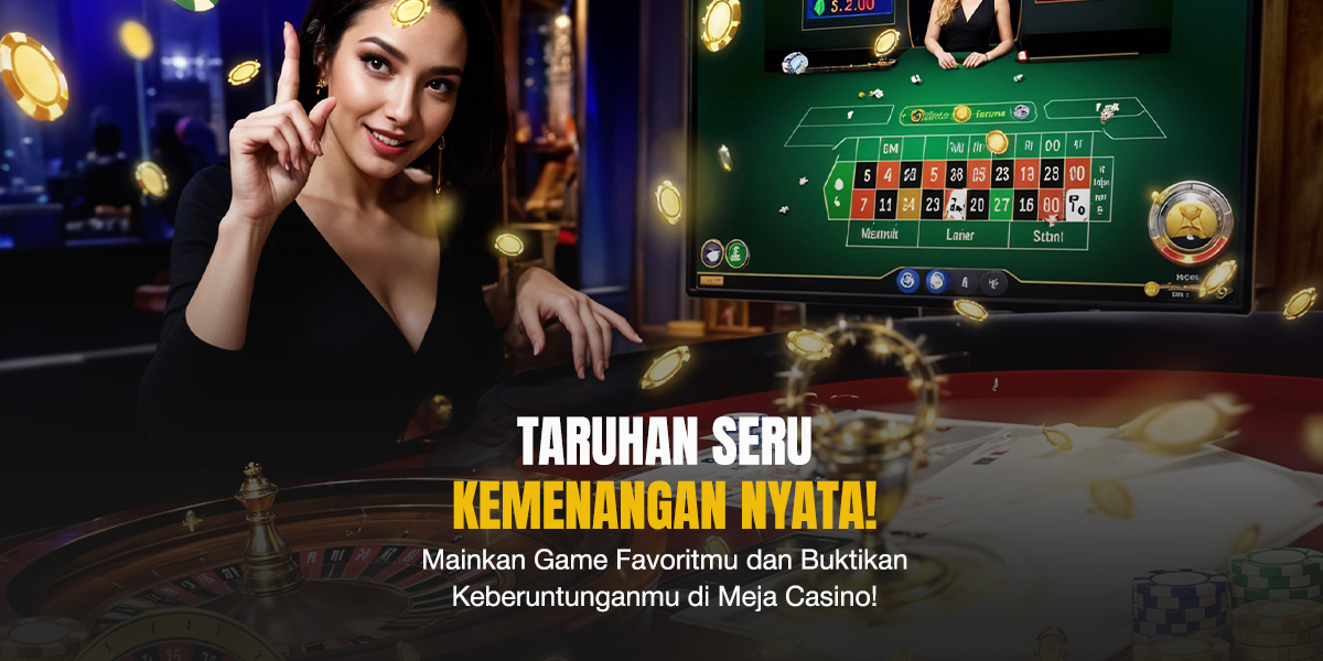 Seorang wanita dealer sedang memandu permainan live roulette di meja kasino digital dengan layar dan chip di sekitarnya.